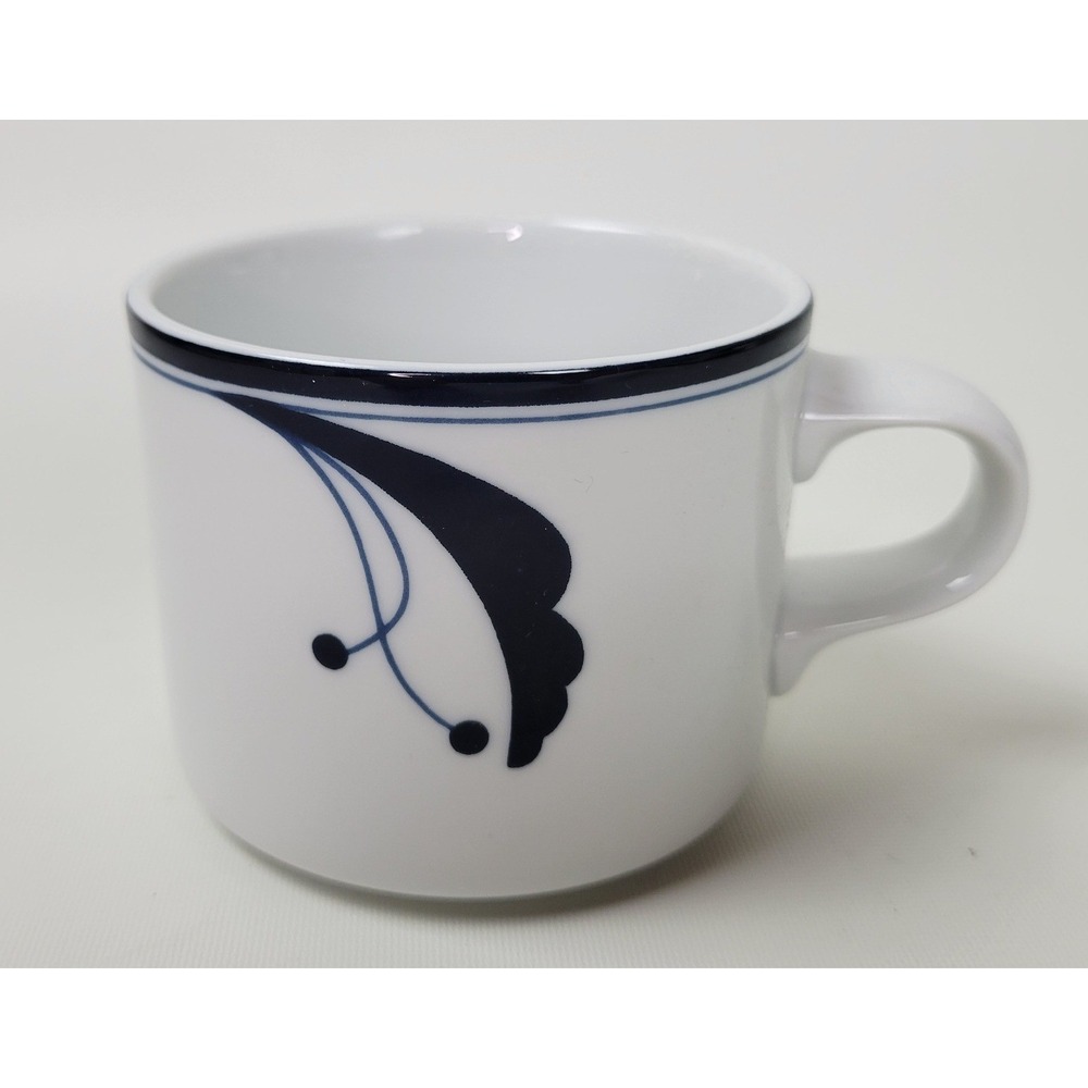 Dansk‎ Flora Bayberry Coffee Flat Cup White Navy Blue Floral Porcelain 2.75"